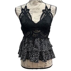 Y2K Trixxi Lace Floral Babydoll Tank Top Coquette Fairy Black Size M Grunge Goth